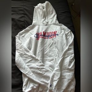 White Champion Hoodie with embroidered sleeve logo